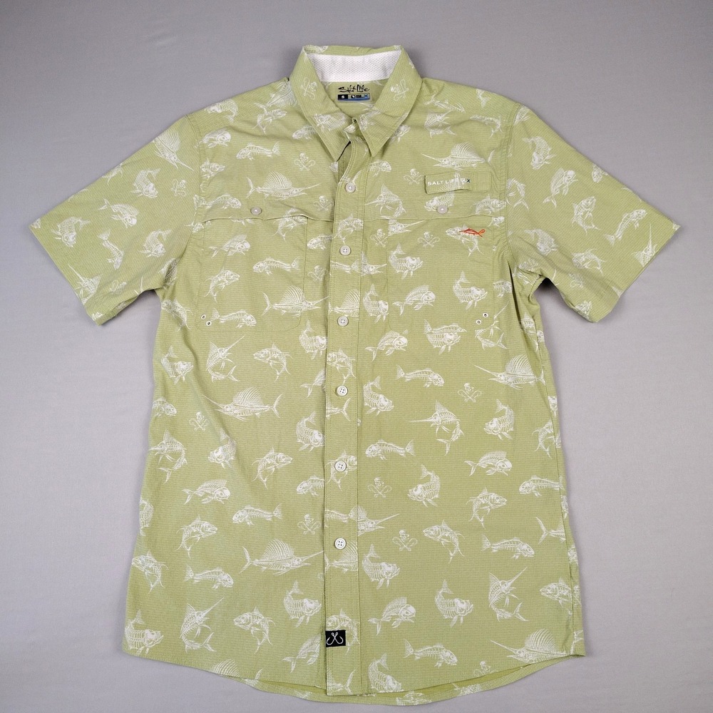 Salt Life SLX Men's Small Fishing Shirt Green Fish Print Ventilated Stretch